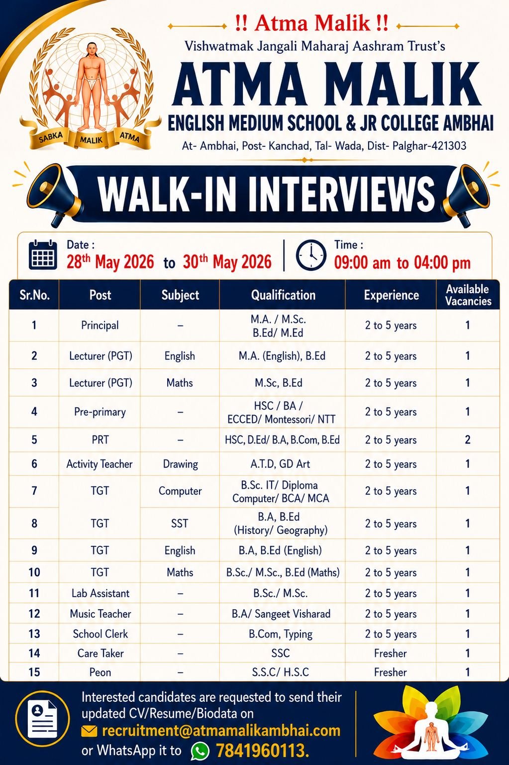 Teaching Staff Walk-In Interview Poster