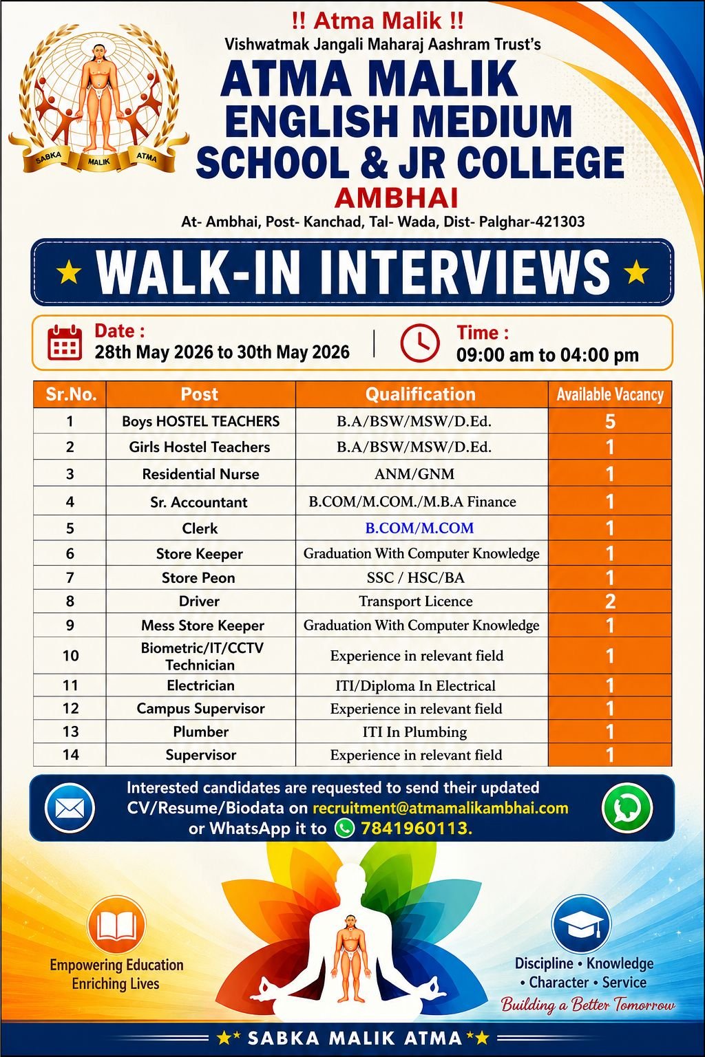 Non-Teaching Staff Walk-In Interview Poster